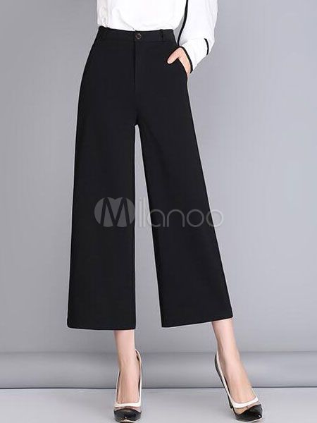 Black Wide Leg Cropped Pants Trousers For Women | Milanoo