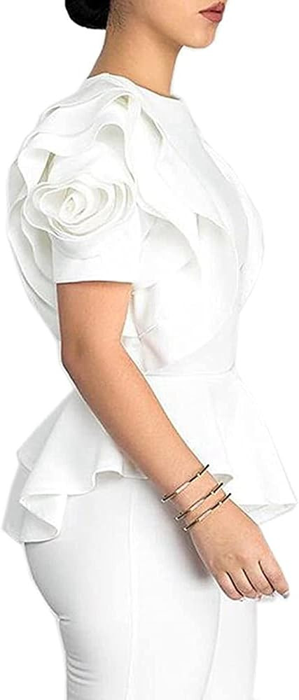 Blansdi Women Round Neck Ruffle Short Sleeve Peplum Bodycon Blouse Shirts Tops | Amazon (US)