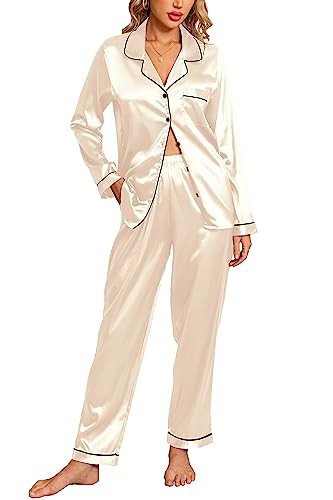 Anjue Sleep Set Women's Black Satin Pjs Classic Matching Pajama Set Button Down Loungewear with Pockets | Amazon (US)