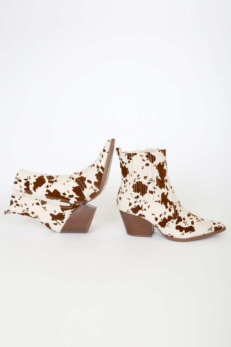 Jessamine Beige and Brown Cow Print Suede Pointed Toe Booties | Lulus (US)