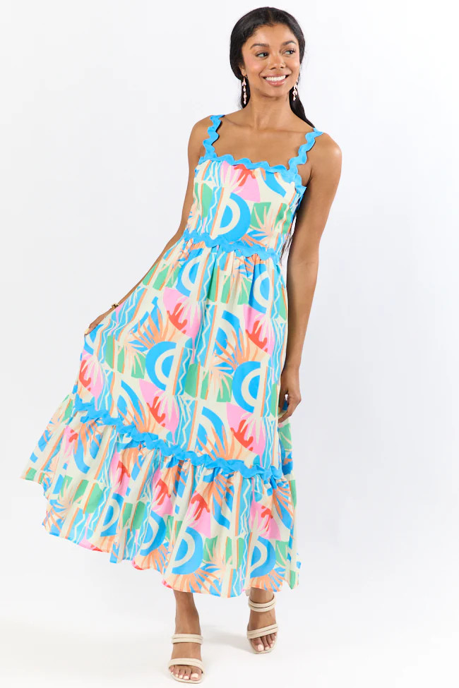 Tropical Tango Multi Rick Rack Trim Printed Midi Dress SALE | Pink Lily