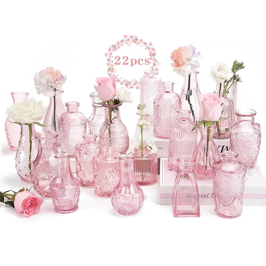 BEAHOT 22 Pack Pink Flower Vase in Bulk,Mini Vintage Glass Bud Vases for Centerpieces,Wedding Dec... | Amazon (US)