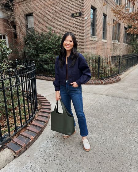 Cropped navy jacket (XSP)
Brown tank top  (XS/S)
High waisted jeans (4P)
High waisted boot cut jeans 
Olive green tote bag 
Cuyana System tote
White chunky loafers  (TTS)
White loafers 
White lugsole loafers 
Smart casual outfit 
Business casual outfit 
Teacher outfit 
Ann Taylor outfit 
Spring work outfit 
Neutral work outfit 
Neutral outfit

#LTKfindsunder100 #LTKSeasonal #LTKworkwear