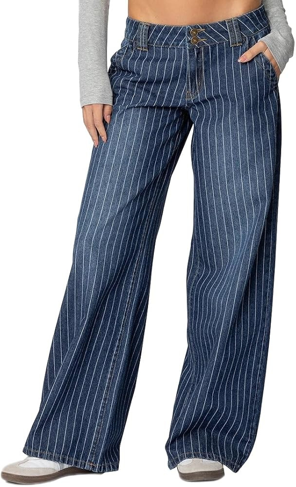 Women's Mid Rise Striped Baggy Barrel Jeans Wide Leg Denim Pants | Amazon (US)