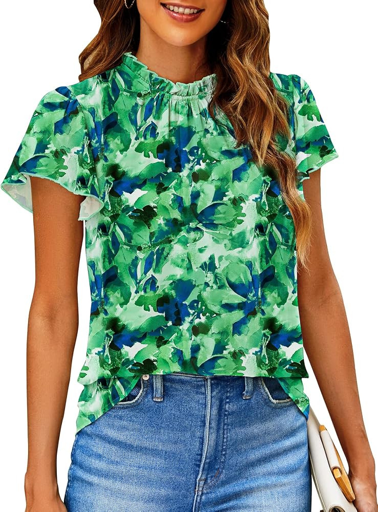 SimpleFun Women Boho Shirts Floral Ruffle Short Sleeve Mock Neck Flowy Casual Summer Blouses Tops | Amazon (US)