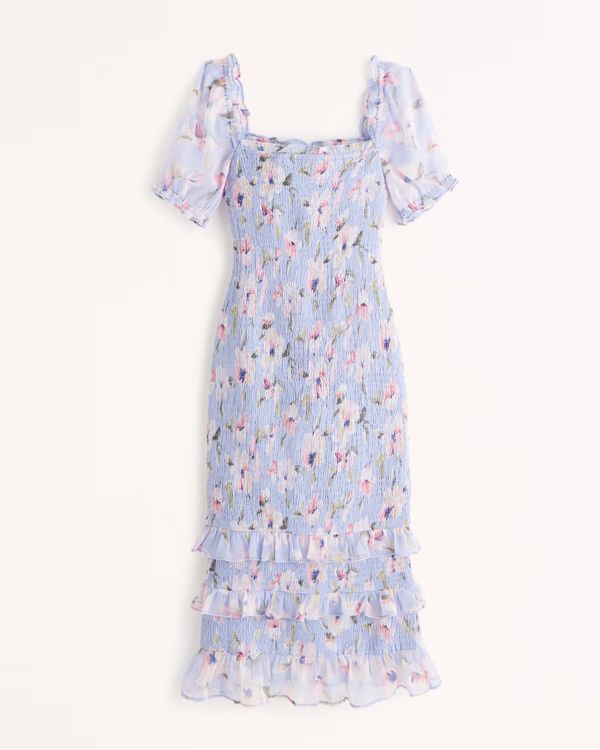 Smocked Puff Sleeve Midi Dress | Abercrombie & Fitch (US)