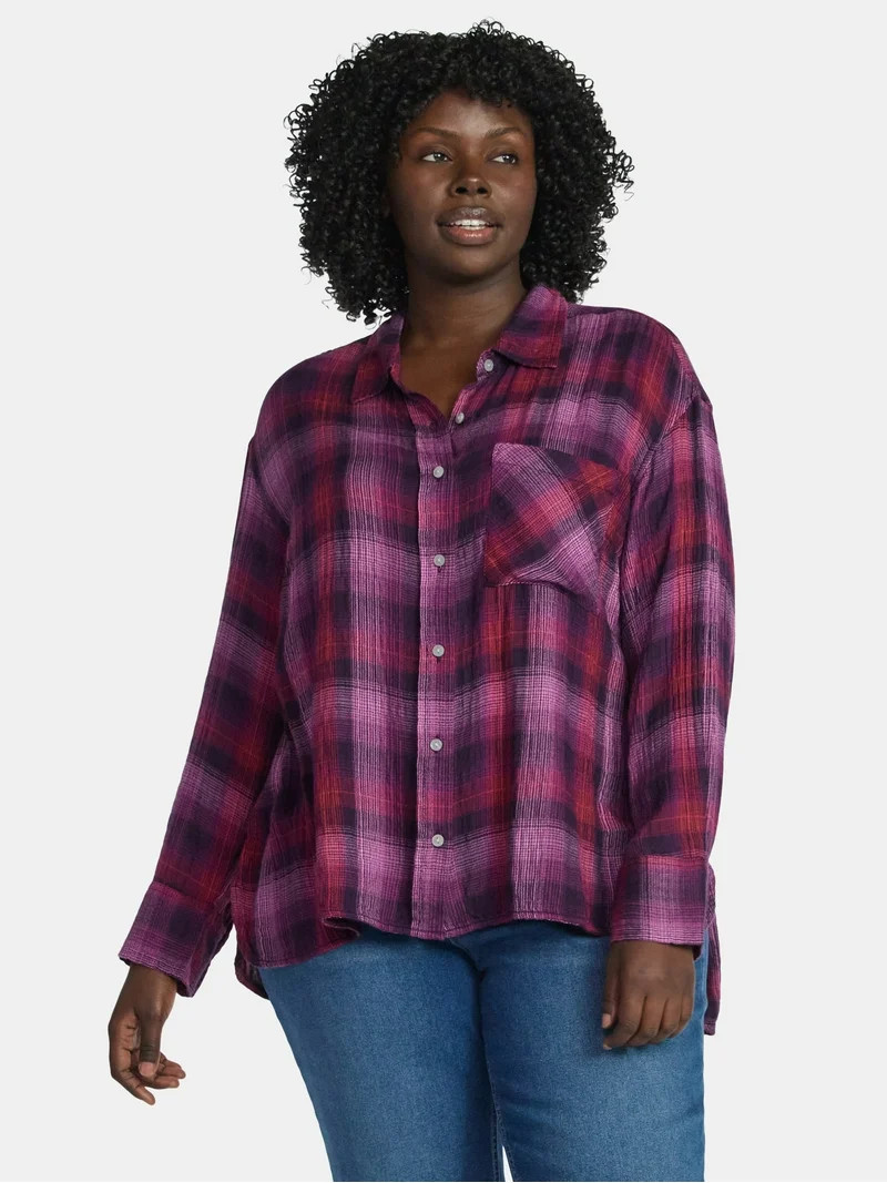 Terra & Sky Women's Plus Size Plaid Button Front Shirt, Sizes 0X-5X | Walmart (US)