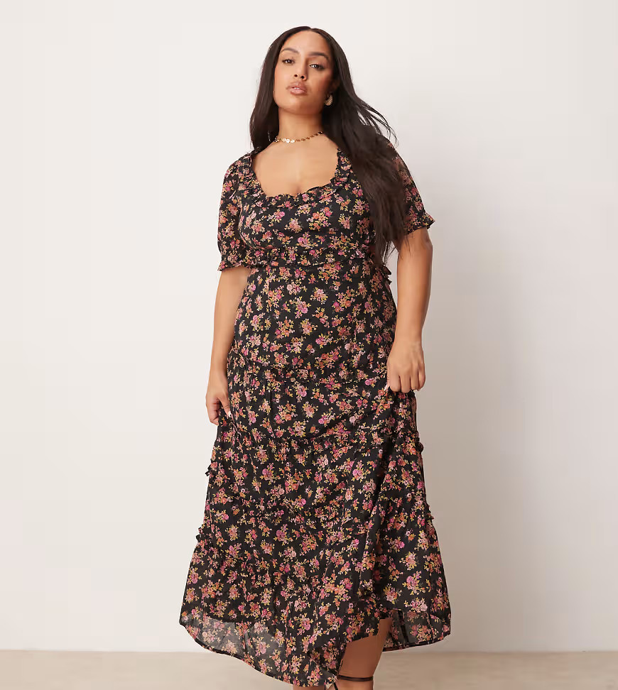 ASOS DESIGN Curve sweetheart neckline midi dress with cut out in dark base floral-Multi | ASOS (Global)