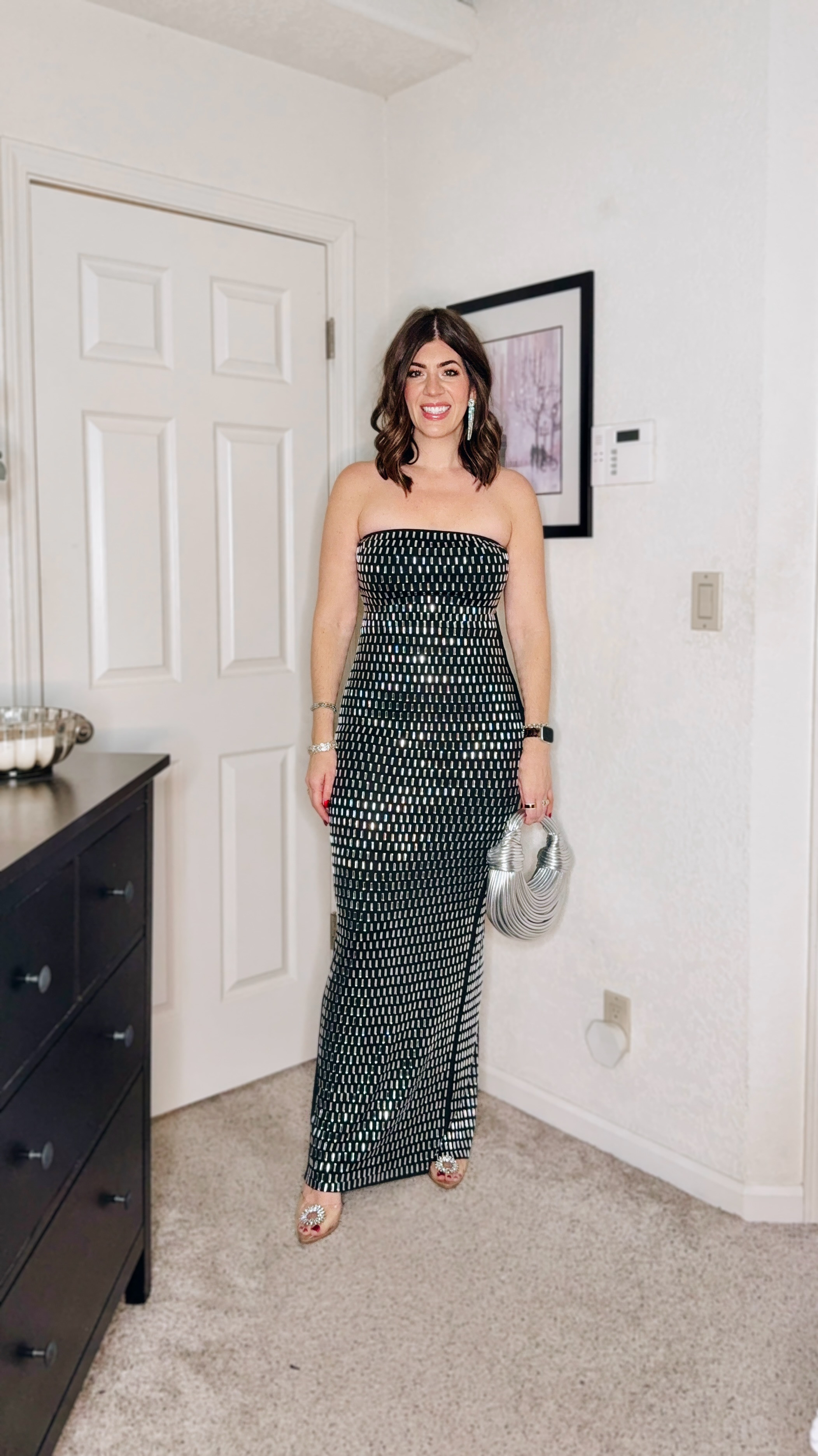 In a medium in the rhinestone strapless wedding guest dress 
New Year’s Eve outfit, wedding guest, black tie, night out 

#LTKMidsize #LTKOver40 #LTKWedding