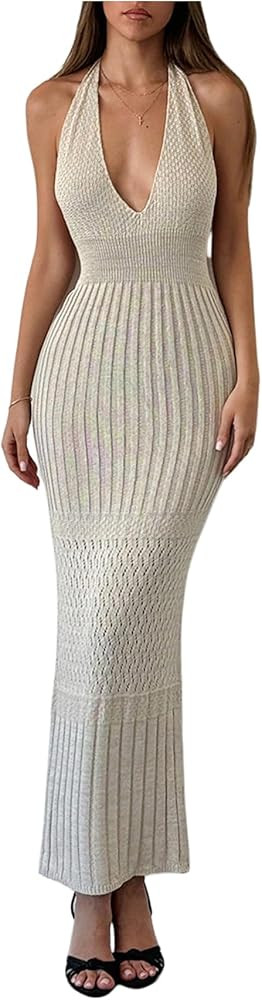 GORGLITTER Women's Crochet Halter Maxi Dress Backless Deep V Neck Bodycon Long Knit Dresses | Amazon (US)