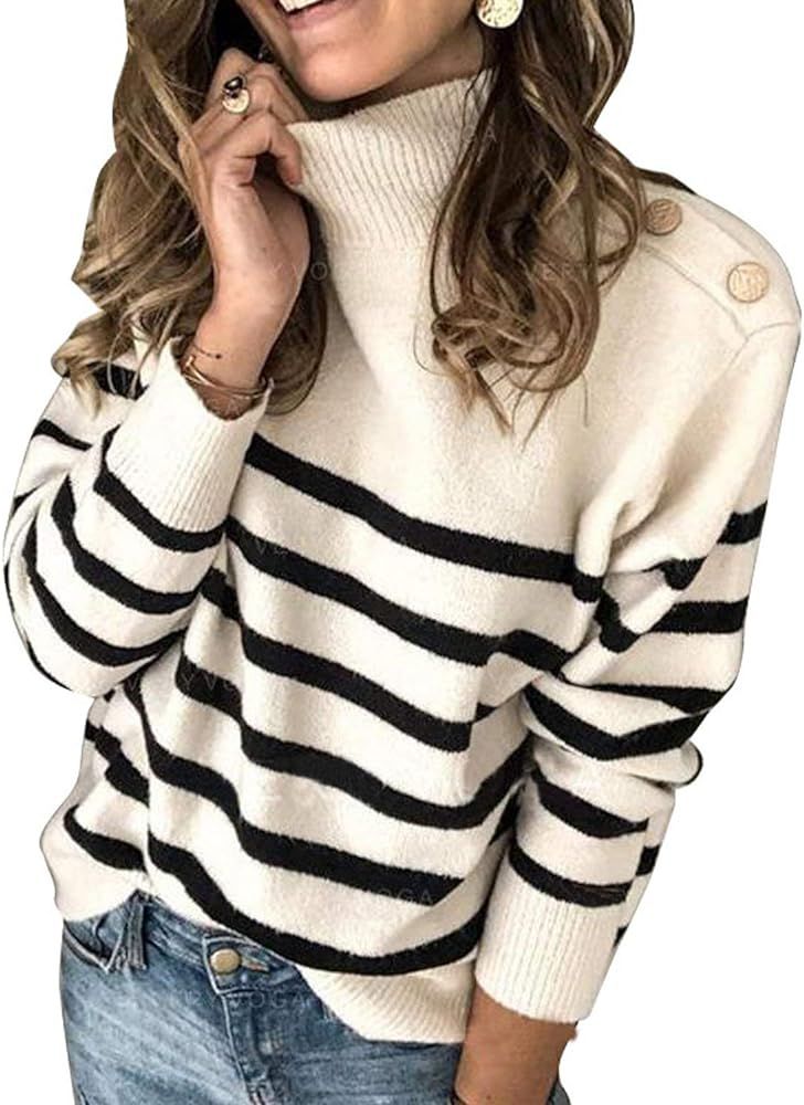 Dokotoo Womens Striped High Neck Ribbed Knit Sweater Button Long Sleeve Pullover Cute Soft Loose ... | Amazon (US)