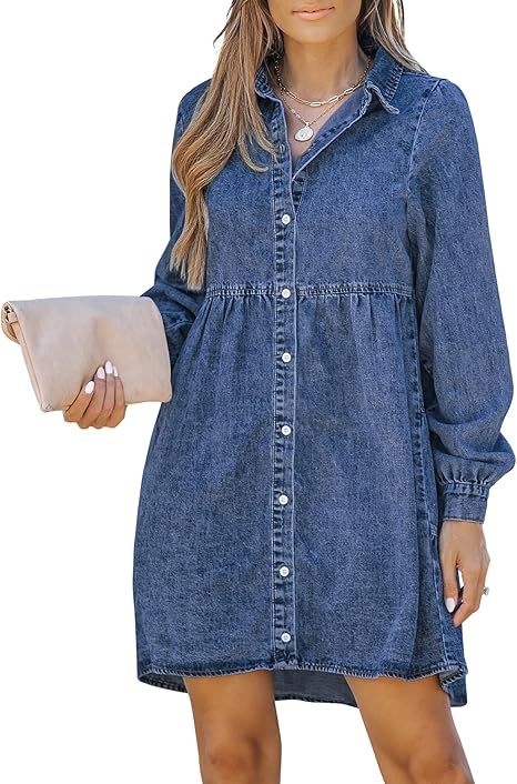 LookbookStore Long Sleeve Denim Dress for Women Jean Dress Button Down Casual Babydoll Denim Shir... | Amazon (US)