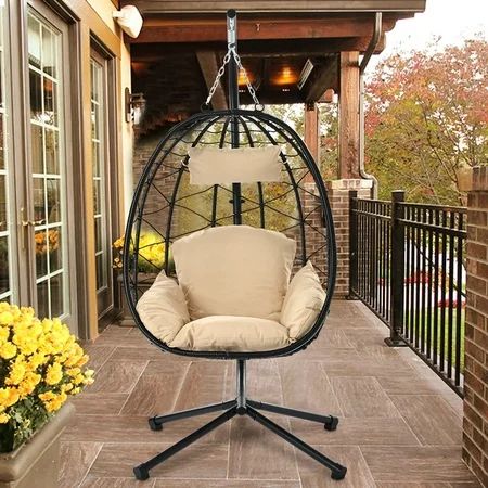Wicker Hanging Egg Chair with Stand Hammock Egg Chairs with Hanging Kits Soft Cushion & Pillow Large | Walmart (US)