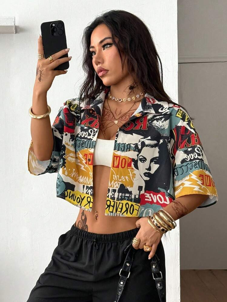 Coolane Women's Summe All-Season Streetwear Hip-Hop Vintage Preppy Crop Plaid Loose Cropped Graphic Shirt Crop Shirt For Women | SHEIN