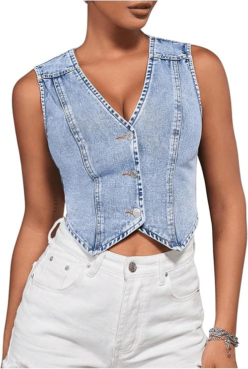 SHENHE Women's Button Down Denim Vest V Neck Cropped Jean Vest Top Y2K Sleeveless Jean Jacket | Amazon (US)