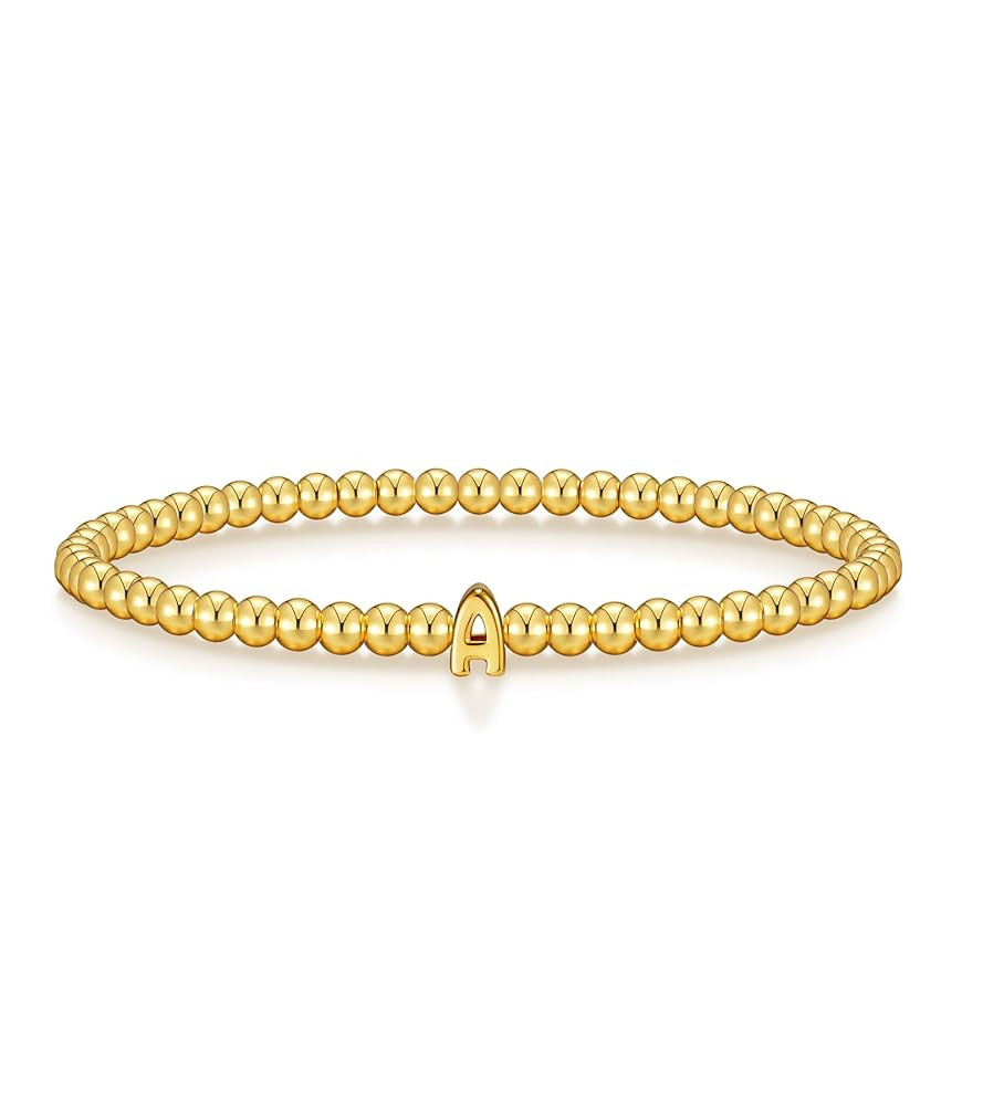 Wowshow Gold Bracelets for Women, 18K Gold Plated Stretch Initial Beaded Bracelets with A-Z Lette... | Amazon (US)