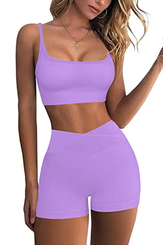 Seamless Yoga Ribbed Workout Sets for Women Two Piece,Summer Sports Bra and Crossover Shorts Matching Workout Set Crop Top High Waist Leggings Workout Outfits (X-Violet Purple, L) | Amazon (US)
