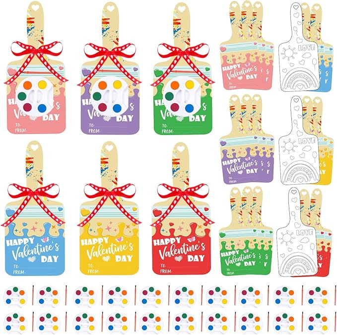 24 Pcs Valentines Day Gifts for Kids Class, Classroom Exchange Cards Mini Watercolor Paint Set, P... | Amazon (US)
