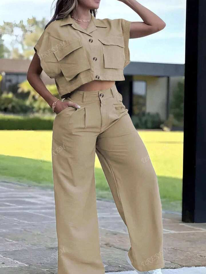 2pcs Short Sleeve Shirt And Pants Casual Suit, Woven Fabric 110G | SHEIN