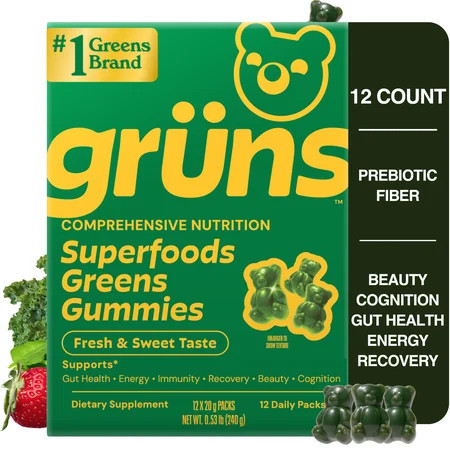 Gruns Superfood Multivitamin Greens Gummies with Prebiotic Fiber for Adults, 12 Count | Walmart (US)