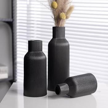 Black Ceramic Vases Set of 3, Black Ribbed Decorative Vases - Table Centerpieces for Wedding, Liv... | Amazon (US)