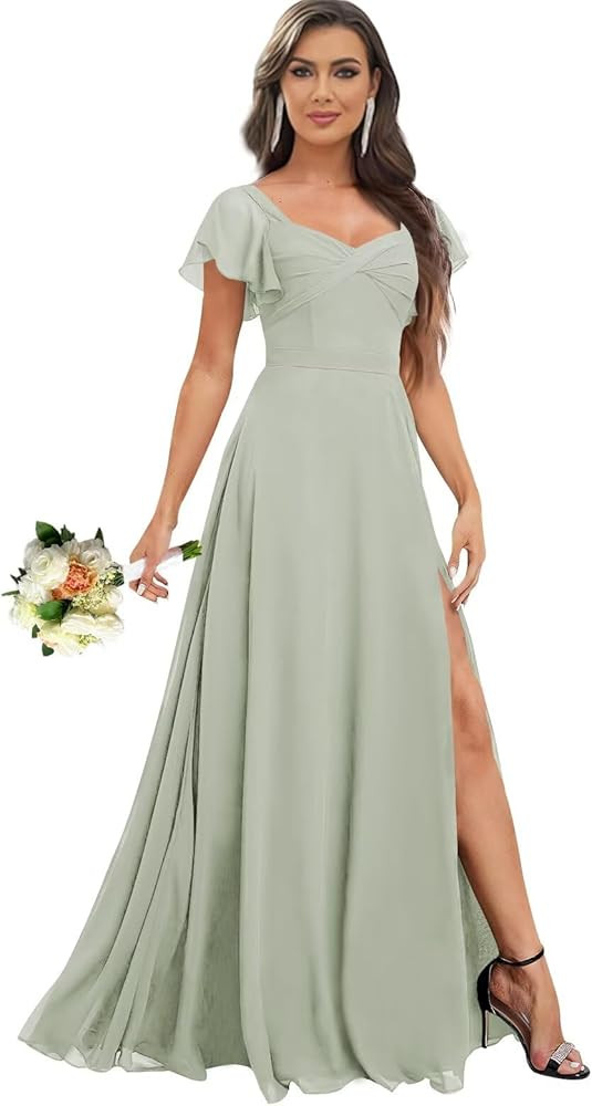 Short Flutter Sleeve V Neck Dress Sage Dress Sage Green Dress Sage Green Bridesmaid Dress Green | Amazon (US)