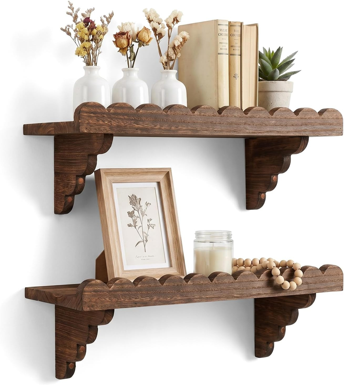 Scalloped Floating Wood Wall Shelf with Matching Wood Brackets, 17 Inch Rustic Wooden Display Shelf for Bedroom Bathroom Living Room Decor(Re-Burn) | Amazon (US)
