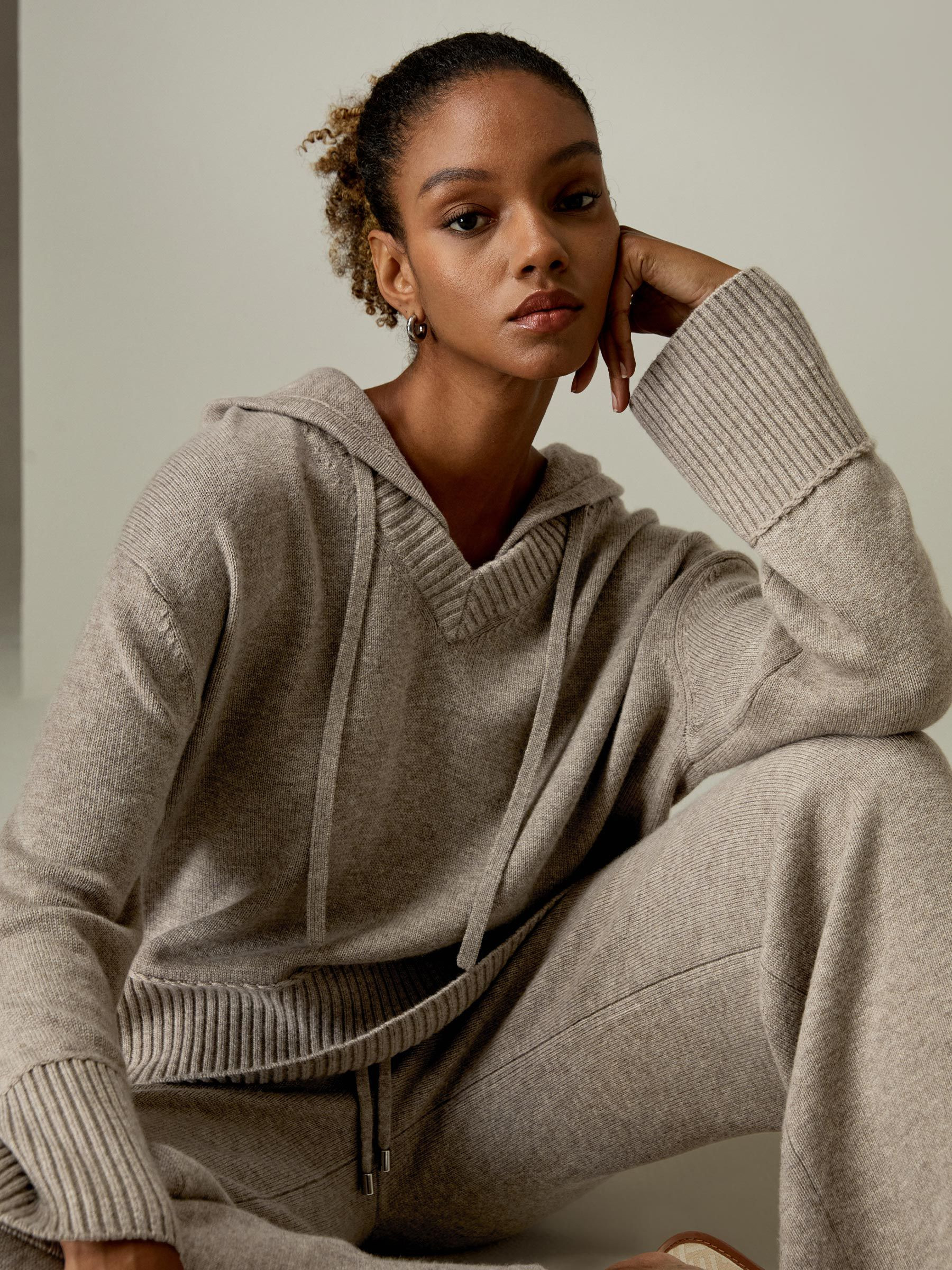 V Neck Wool-Cashmere Blend Hoodie | LilySilk