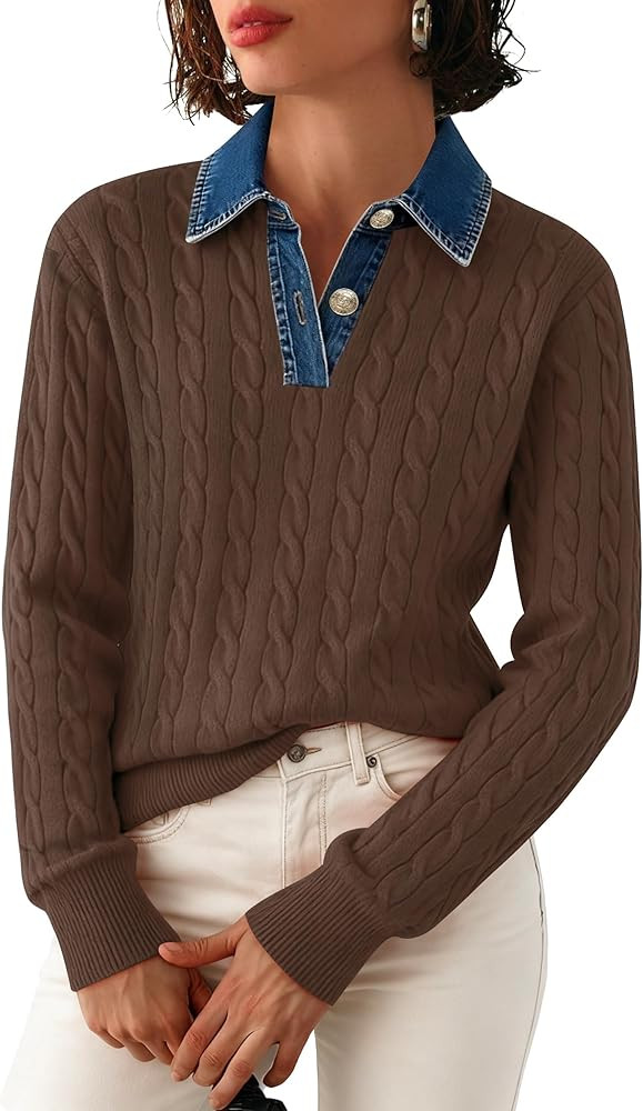 SAUKOLE Sweaters for Women Denim Lapel V Neck Buttons Closure Casual Long Sleeve Cable Knit Loose... | Amazon (US)