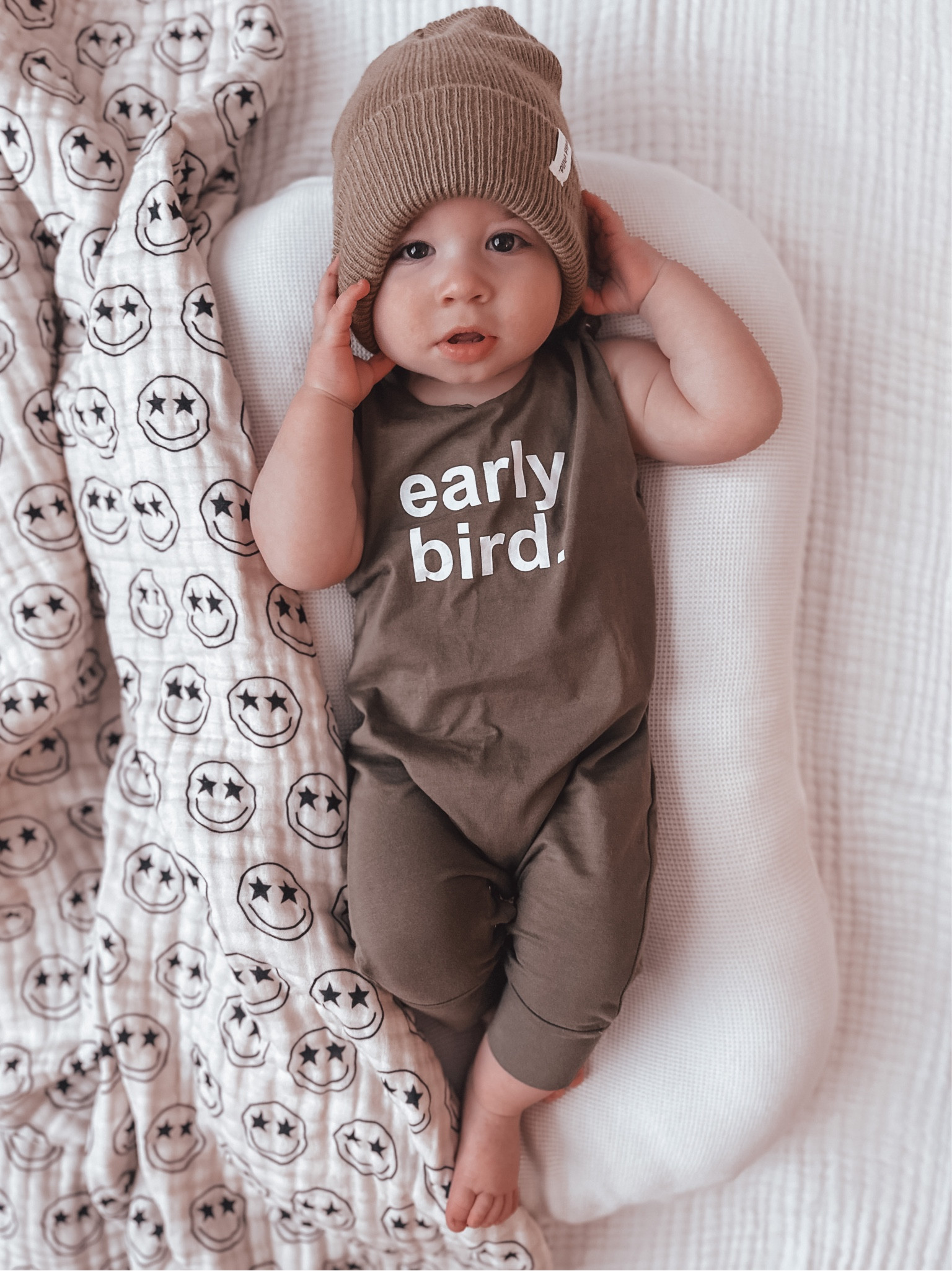 spring outfit, early bird, romper, baby boy, baby fashion, baby clothes, beanie, smiley face, lounger, lounge wear, happy face, lovey, muslin blanket

#LTKbaby #LTKkids #LTKstyletip