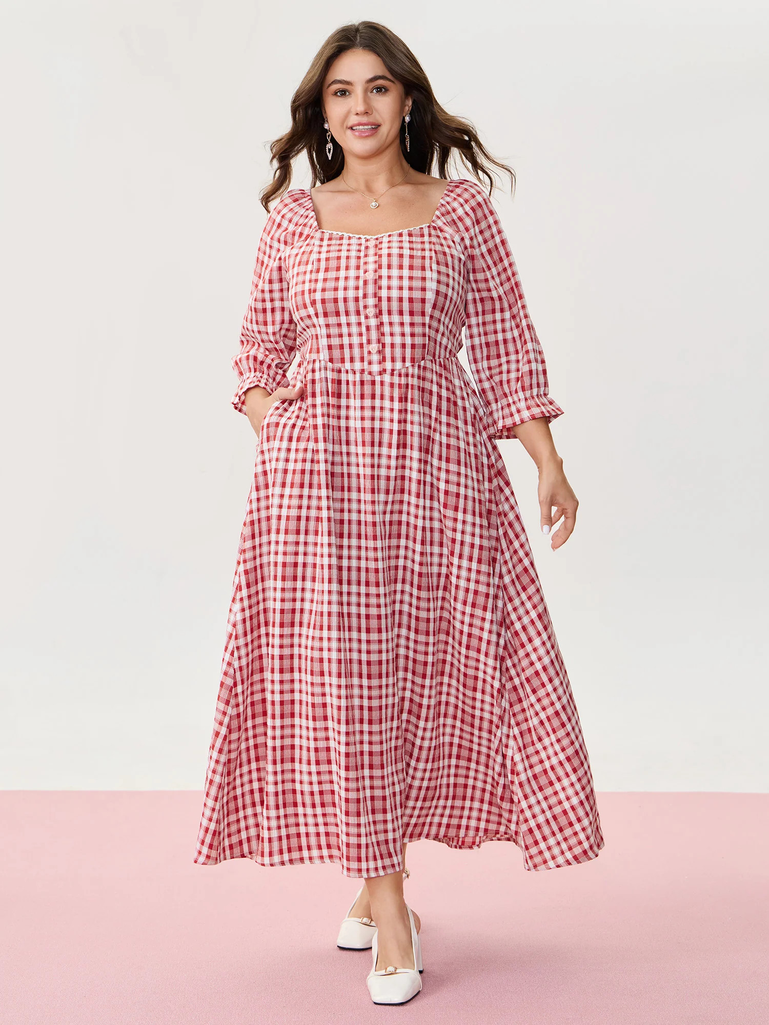 Checkered Print Pockets Button Maxi Dress | Bloomchic