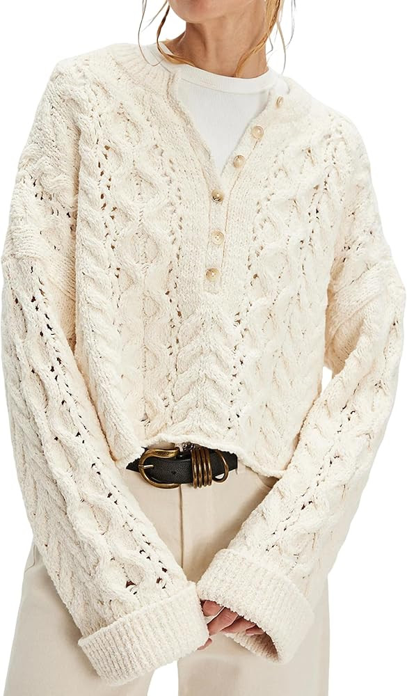 Women's Cable Knit Round Neck Button Pullover Sweater | Amazon (US)