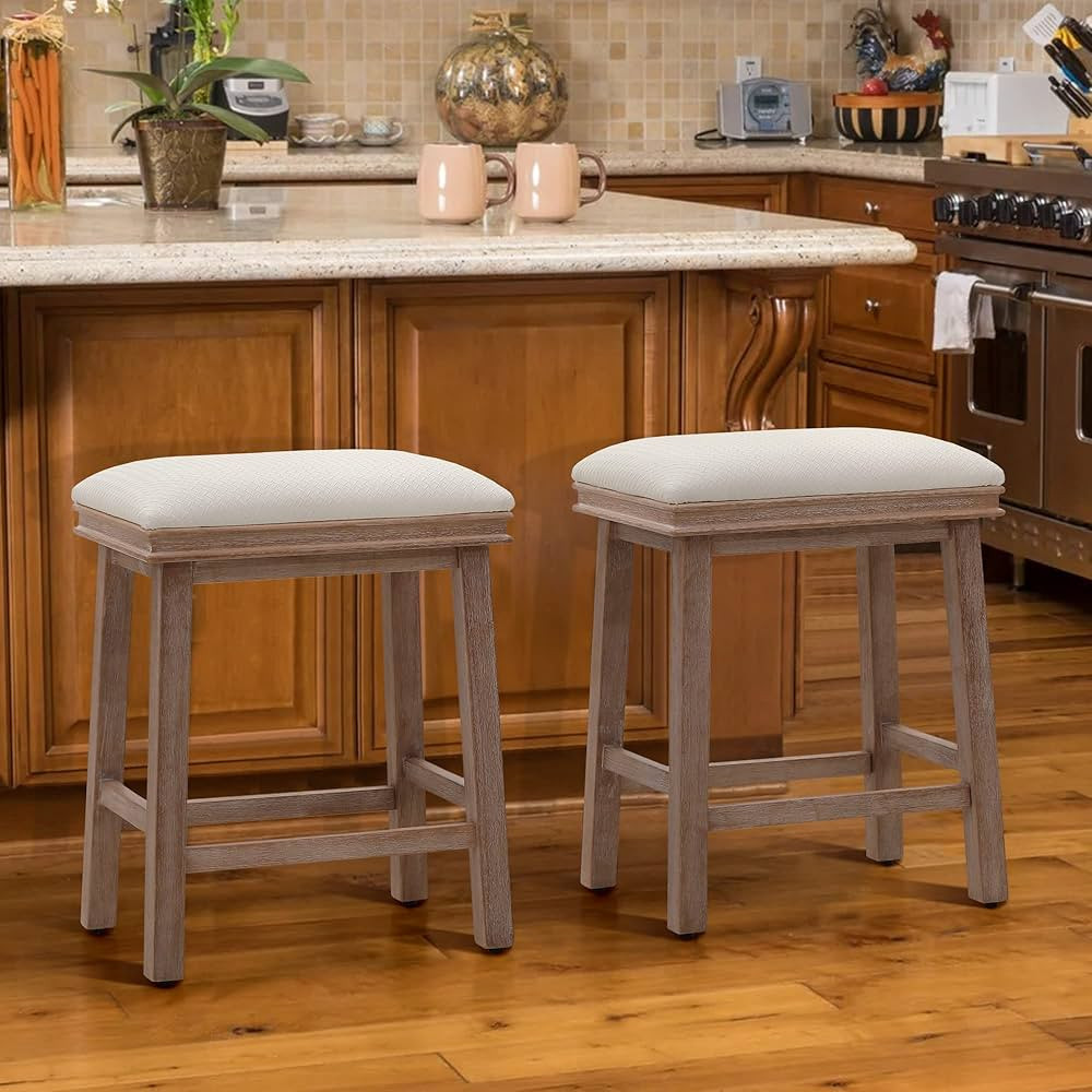 ALPHA HOME 24" Bar Stools Set of 2, Solid Wood Kitchen Stools with Beige PU Leather Cushion Count... | Amazon (US)