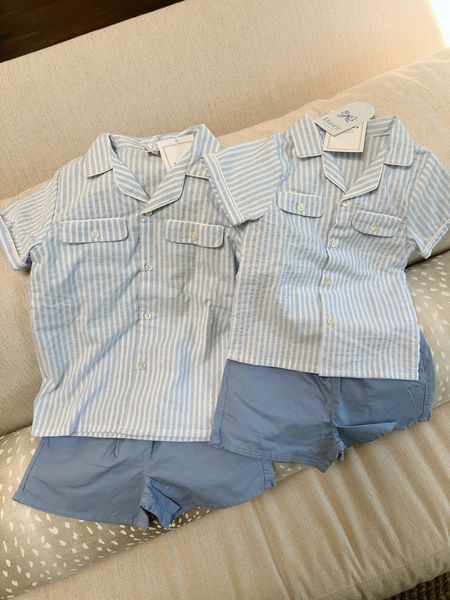 The cutest blue striped collared shirts and blue shorts (with pockets!) for the boys 😍

#LTKKids #LTKBaby