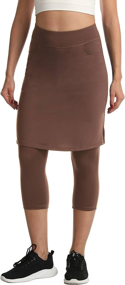 HOKOYI Modest Skirt with Leggings Attached for Women Workout Knee Length Swim Capri Pants with 2 Poc | Amazon (US)