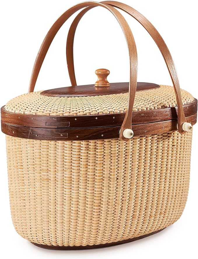 Nantucket style basket Picnic Basket rattan Handmade Products woven Sewing storage basket Two swi... | Amazon (US)