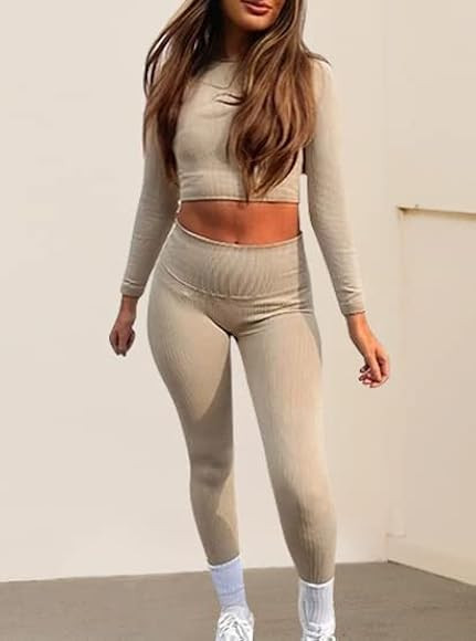 Mayround Gym Sets for Women 2 Piece Seamless Yoga Outfits Long Sleeve Crop Top + High Waist Runni... | Amazon (UK)