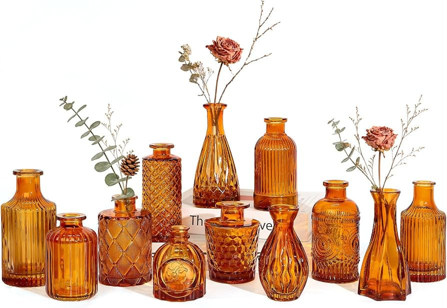 Brown Glass Bud Vases Set of 12, Mini Flower Vase for Centerpieces, Small Amber Bud Vases in Bulk... | Amazon (US)