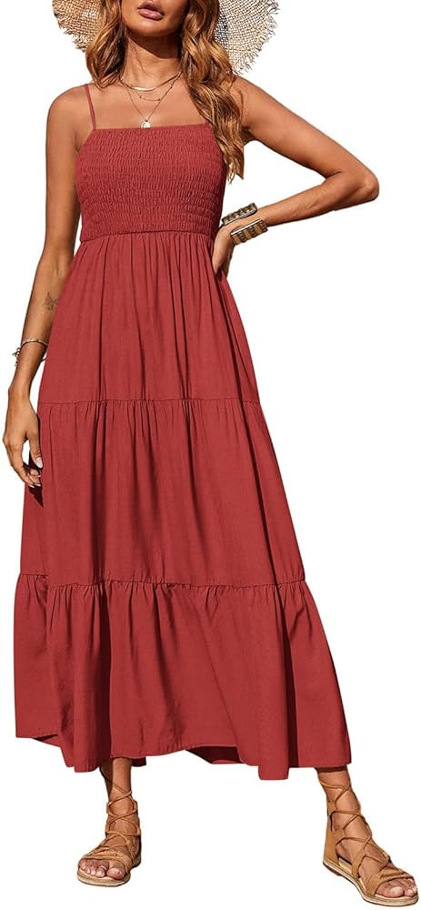 PRETTYGARDEN Women's Summer Maxi Dress 2025 Casual Boho Sleeveless Spaghetti Strap Smocked Tiered... | Amazon (US)