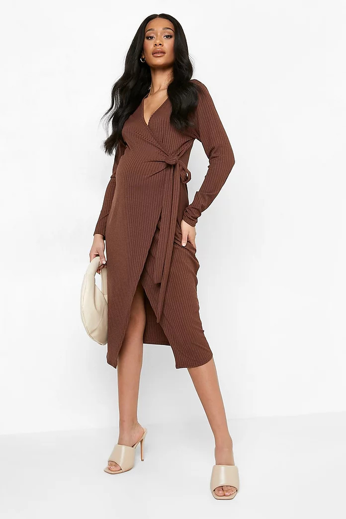 Maternity Rib Wrap Midi Dress | Boohoo.com (US & CA)