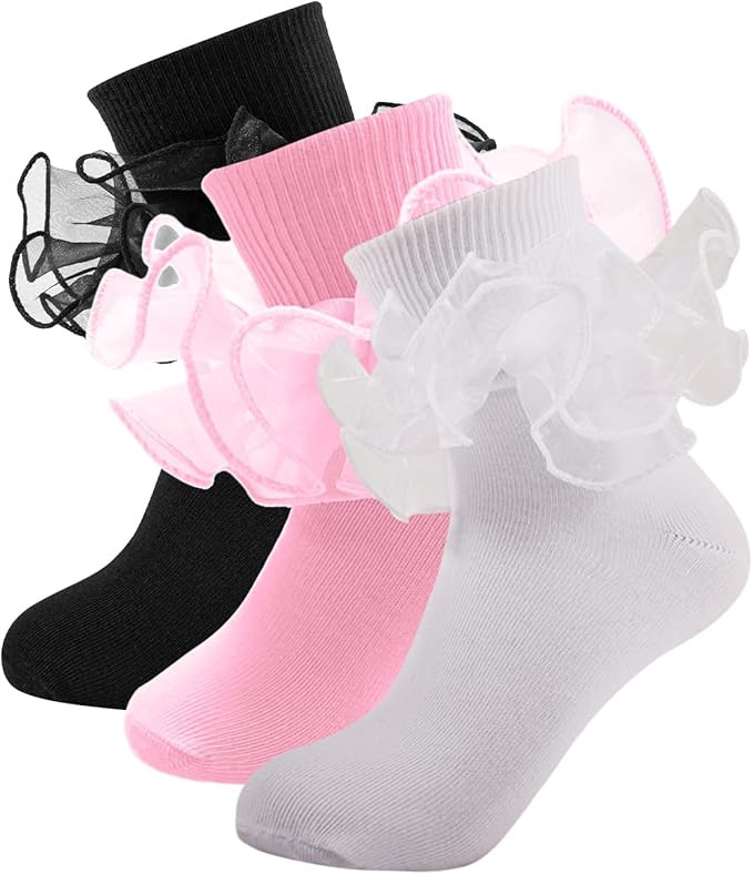 Girls Ruffle Socks,Double Lace Socks Frilly Socks Cotton Dress Socks Turn Cuff Socks Pageant Sock... | Amazon (US)