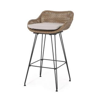 Verano Light Brown Wicker Outdoor Bar Stool with Beige Cushion (2-Pack) | The Home Depot