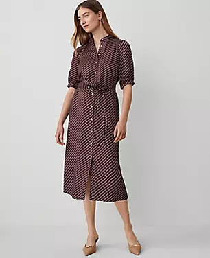 Dotted Stand Collar Belted Midi Shirtdress | Ann Taylor (US)
