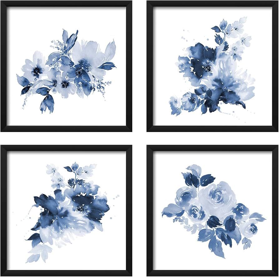 ArtbyHannah 4 Pack 10x10 Blue Wall Art Framed with Black Frame and Floral Print for Bathroom or H... | Amazon (US)