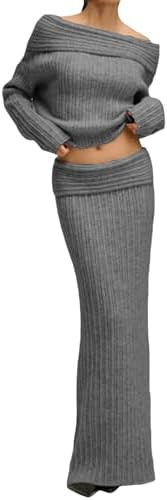 LETSVDO Skirt Sets Women 2 Piece Outfits Off The Shoulder Sweater and Knit Bodycon Maxi Skirt Set | Amazon (US)