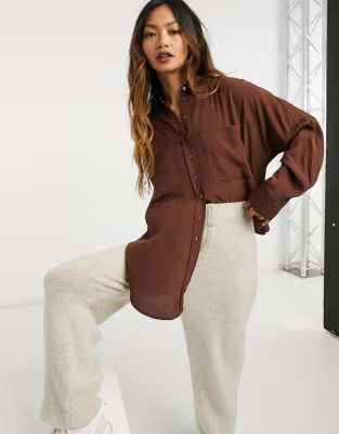 Mango double pocket oversized shirt in chocolate brown | ASOS (Global)