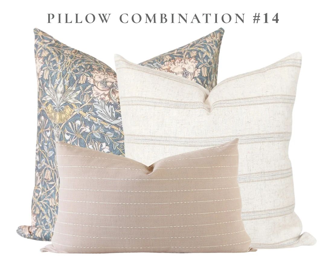 Pillow Combination Set, Blue Floral Pillow, Beige Pillow Cover, Grey Stripe Pillow, Blush Pillow ... | Etsy (US)