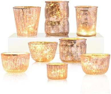 DN DECONATION 8PCS Gold Mercury Glass Candle Holder, Assorted Mercury Glass Votive Candle Holders... | Amazon (US)