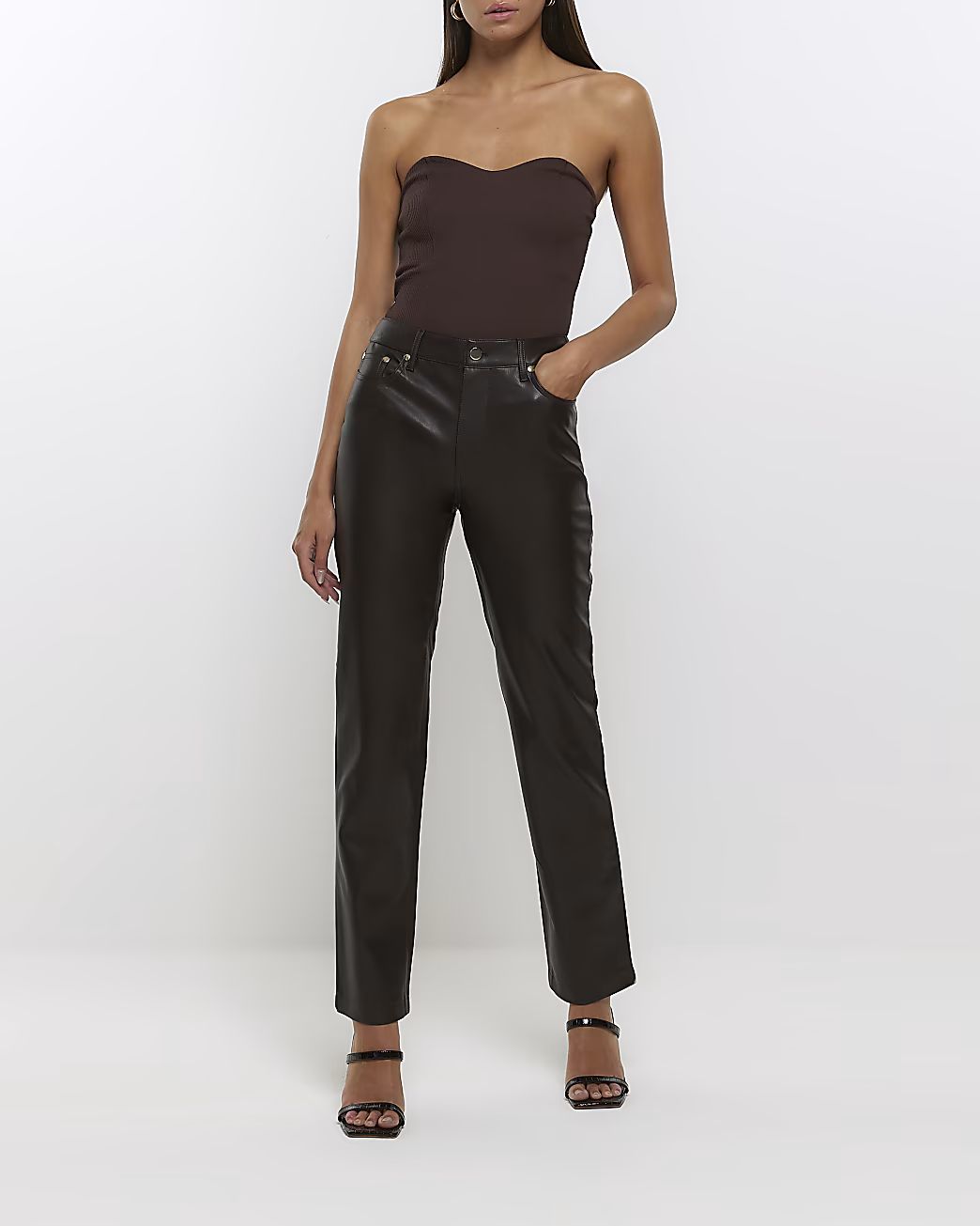 Brown faux leather straight trousers | River Island (UK & IE)