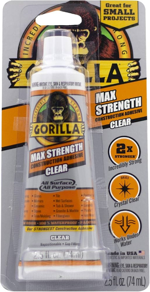 Gorilla Max Strength Clear Construction Adhesive, 2.5 Ounce Squeeze Tube, Clear, (Pack of 1) | Amazon (US)